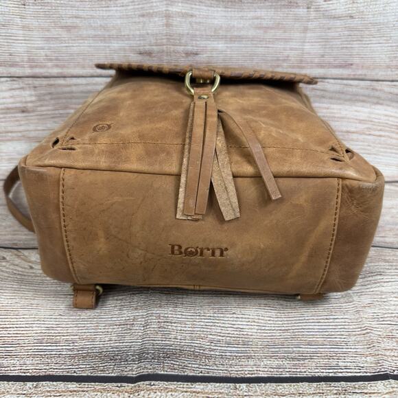 BORN Brown Leather Backpack Bag Distressed Bohemian Laser Cut Fringe Festival - Picture 9 of 16